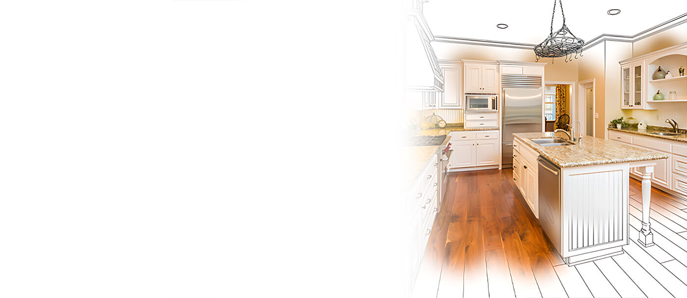 A modern kitchen featuring a white countertop and a spacious island, creating an inviting cooking space