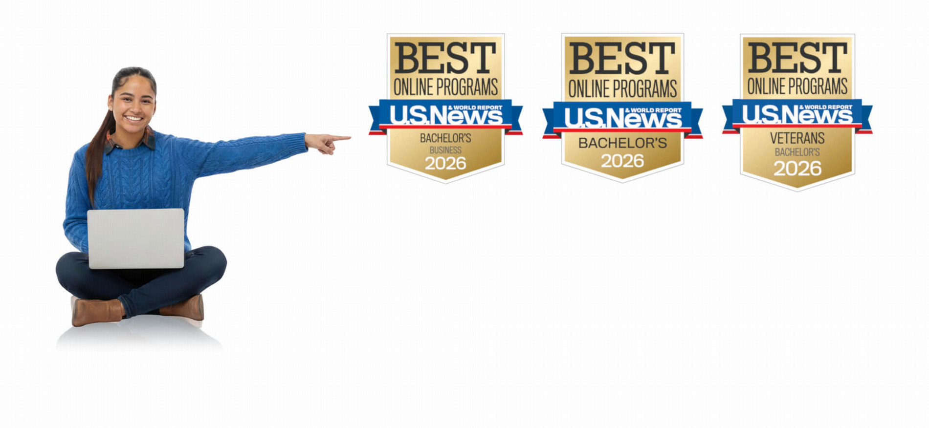 A person sitting with a laptop points to three awards for Best Online Programs from US News for 2026.