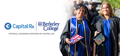 Logos of Capital RX and Berkeley College with 'Official Learning Partner of Capital RX.' Two women in graduation attire.