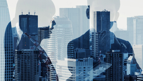 people with a city reflection