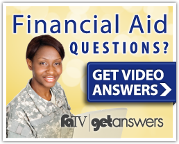 FATA get answers banner: Student wearing military attire on a laptop. Financial Aid Questions? Get video answers. FATV get answers logo.