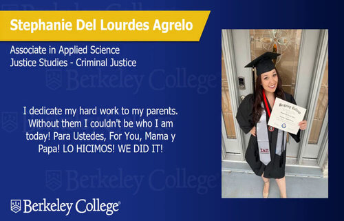 Graduation announcement for Miriam Velasquez, displaying a woman in a cap and gown making a peace sign. Text highlights her Associate in Applied Science degree in Justice Studies - Criminal Justice. Message of gratitude and celebration included, alongside Berkeley College logo. Bright, celebratory tone.