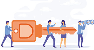 illustration of a strategic team carrying a big orange key