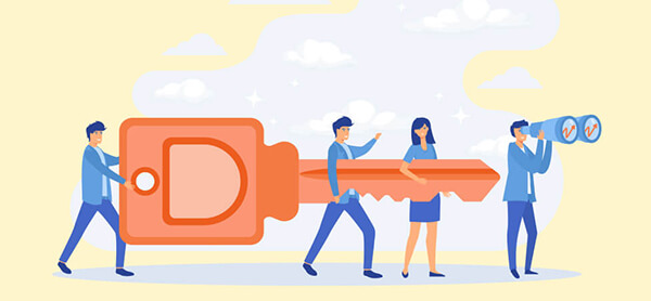 illustration of People holding a large orange key