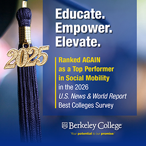 A banner stating Berkeley College has been ranked again as a top performer in Social Mobility