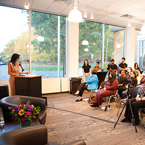 Stella Cicarone, a marketing strategist, entrepreneur, and Berkeley College alumna, delivers remarks during the Berkeley College 10th Annual Women’s Entrepreneurship Week event, “Trailblazers of Today, Leaders of Tomorrow,” held on Tuesday, October 21, 2025, in Woodland Park, NJ.