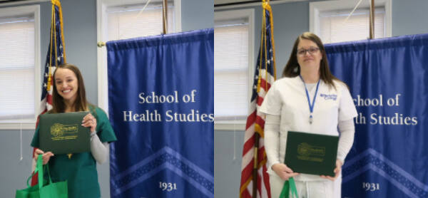 Two images side by side: on the left, a graduate in a green gown holds a diploma; on the right, another graduate in white scrubs displays theirs.