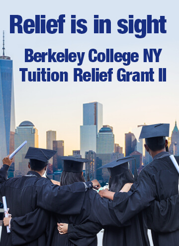 Relief is Insight. Berkeley College New York Tuition Relief Grant II. Image of Graduates against city skyline backdrop mobile version