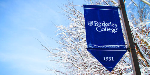 a Berkeley College flag attached to a pole and a tree covered in snow in thew background