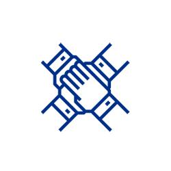  Blue and white icon of two hands clasped together in unity