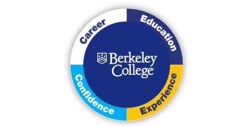 Circular Berkeley College logo with the words: Education, Experience, Confidence, and Career. The colors are blue, yellow, and light blue.