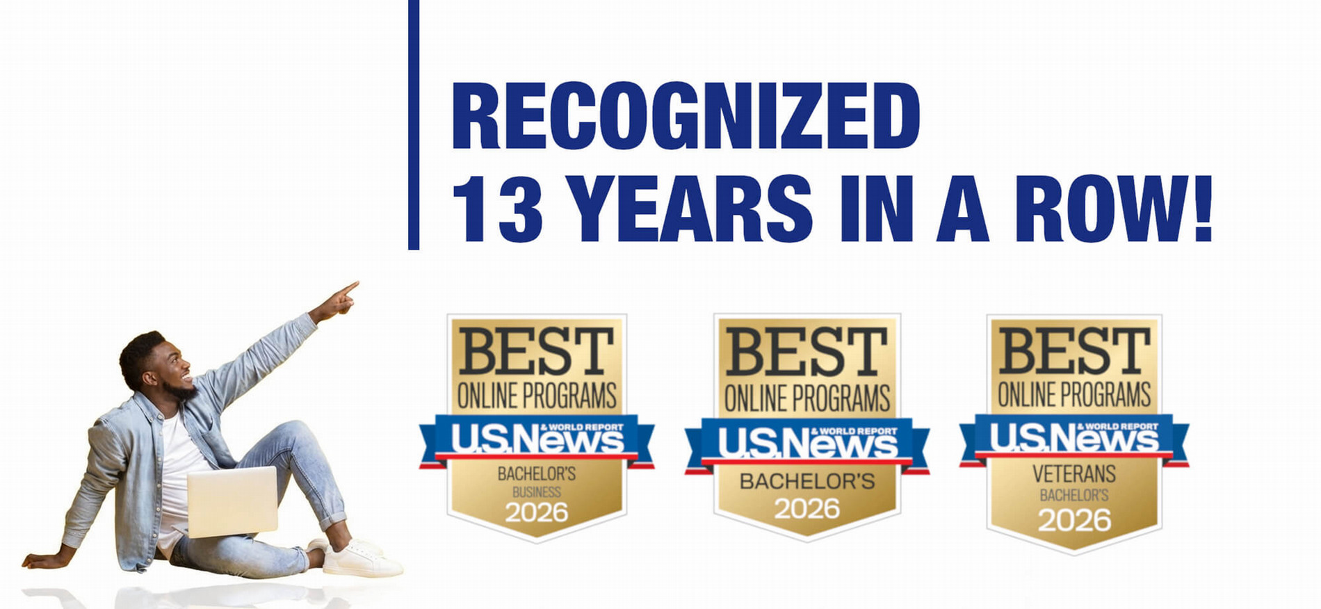 A man seated on a chair, proudly displaying the words "recognized 13 years in a row" in a celebratory manner