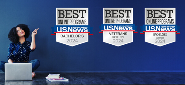 U.S. News world report badges Best online college for Bachelors, Veterans ad Bachelors business 2024