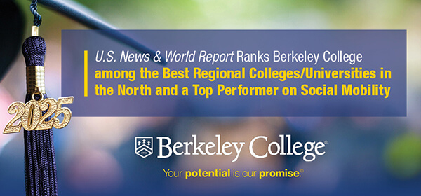 Celebratory graphic featuring a graduation cap and tassel, highlighting Berkeley College's rankings in regional colleges and social mobility.