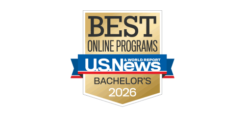A rotating animation of Award badge for Best Online Programs in Bachelors, Bachelor's Business, and Veterans bachelors for 2026 by U.S. News and World Report, featuring a gold design