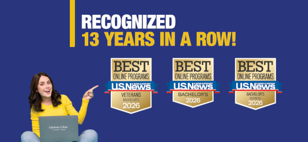 A person in a yellow sweater highlights awards for Best Online Programs from U.S. News for 2026, celebrating 13 years of recognition