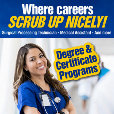 Image for mobile devices: A smiling woman in scrubs holds a sign reading: Degree and Certificate programs. Where careers scrub up nice, Surgical Processing Technician, Medical Assistant, and more