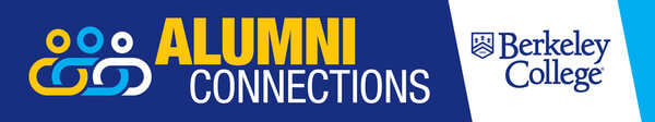 Berkeley College Alumni Connections logo with three interlocking blue, yellow, and white figures, conveying community, connection, and school pride.