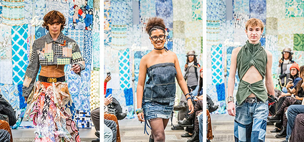 A group of models showcasing various styles of jeans on the runway during a fashion show