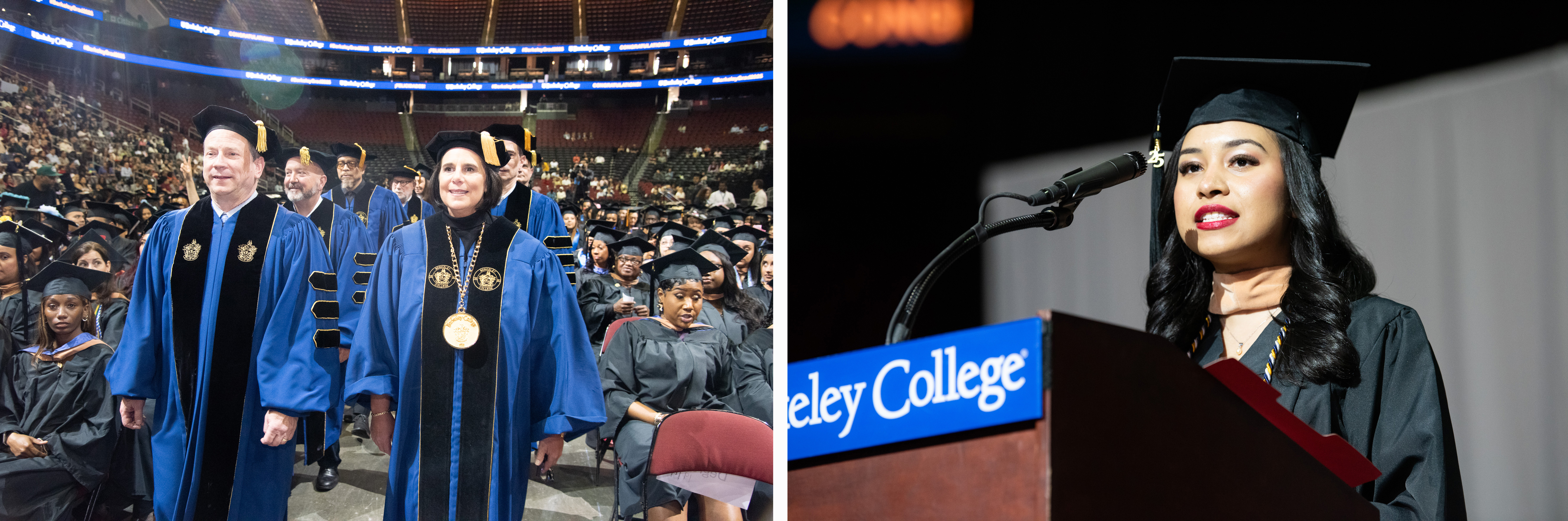 College officials in academic regalia walk into the graduation ceremony and a graduate speaks at a podium labeled Berkeley College.