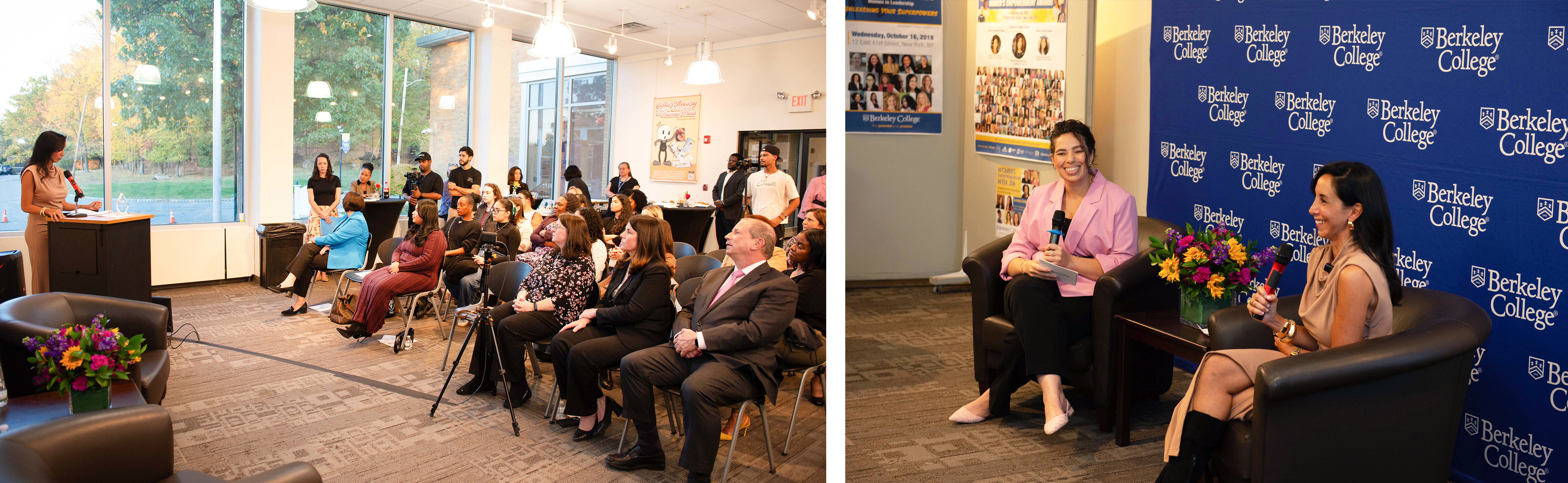 A woman speaks to a crowd and two women sit in front of a blue backdrop with microphones