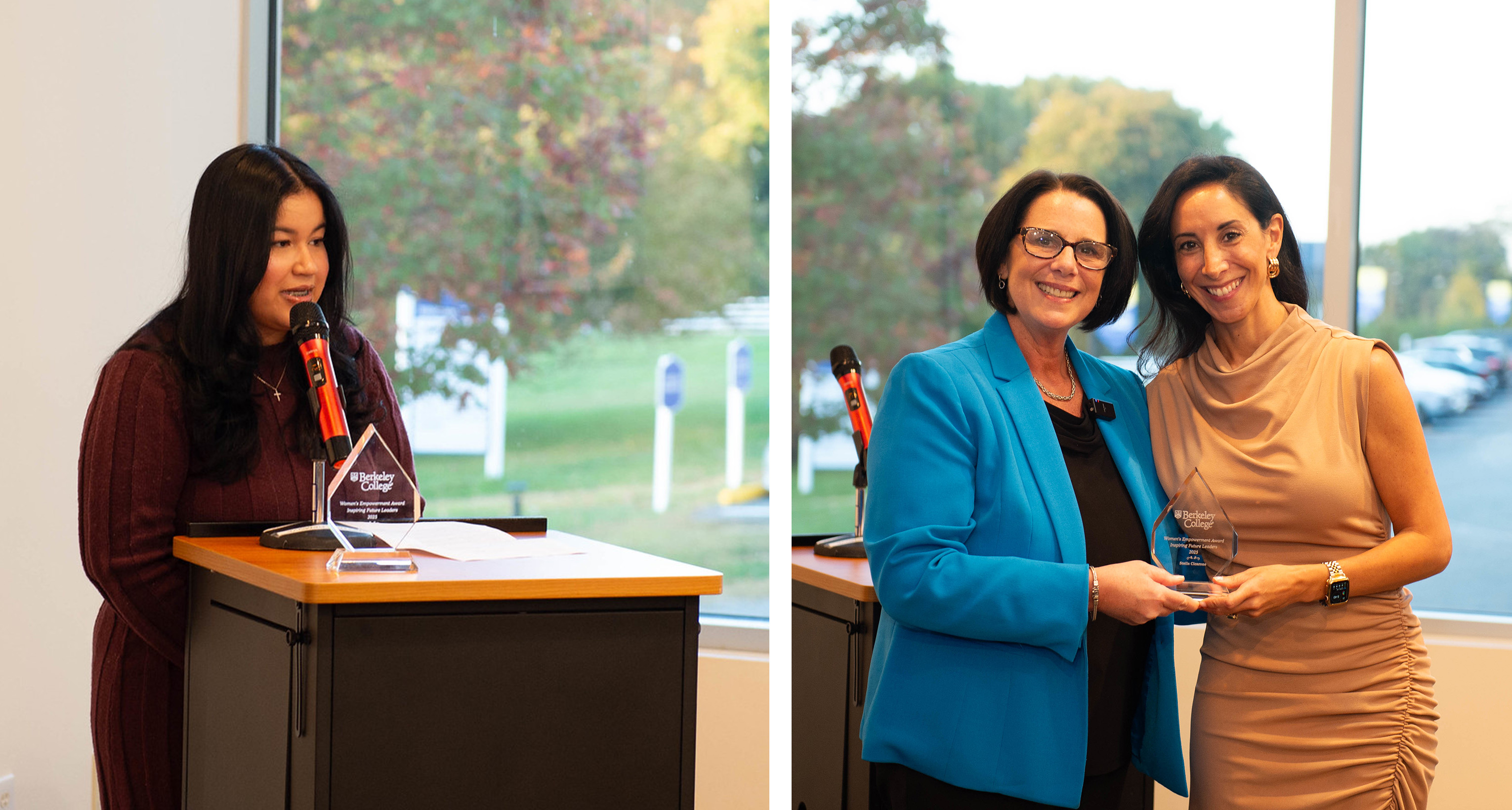 A woman speaks at a podium, two women hold an award