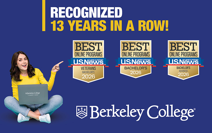 Three U.S. News and World Report Badges and text indicate Berkeley College has been ranked as a Top Online College for 13 consecutive years.