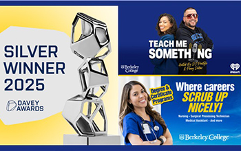 Left: A trophy and text saying "Silver Winner." Top Right: Two people back to back smiling and text that says "Teach Me Something." Bottom Right: A woman smiling and text saying "Where careers scrub up nicely"