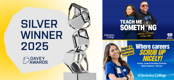 Left: A trophy and text saying "Silver Winner." Top Right: Two people back to back smiling and text that says "Teach Me Something." Bottom Right: A woman smiling and text saying "Where careers scrub up nicely"