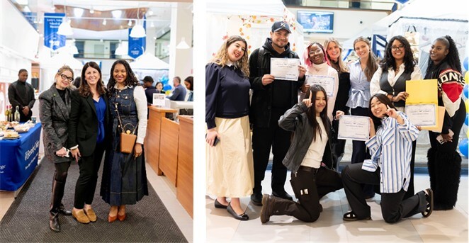 Left: Three diverse women smile and pose for the camera; Right: A group of diverse students pose in different positions, smile, and hold certificates for innovative fashion designs they created using cotton.