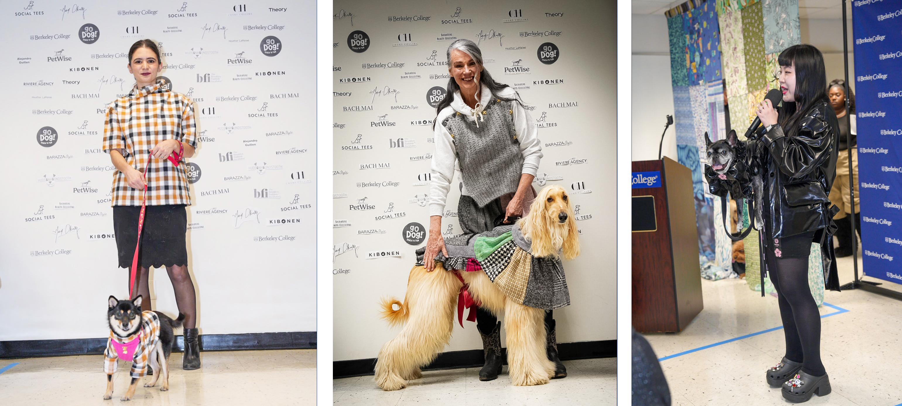 Three women walk the runway with dogs in matching outfits