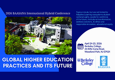 Aerial view of Berkeley College campus with details about the 2026 BAASANA International Hybrid Conference on global higher education.