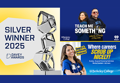 a man and a woman stand back to back and a woman in scrubs smiles