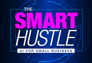 Promotional graphic reading “The Smart Hustle: AI for Small Business” in bold pink and white text on a blue digital background.