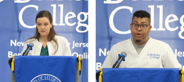 Two students, one female and one male, stand at a podium and give a speech.