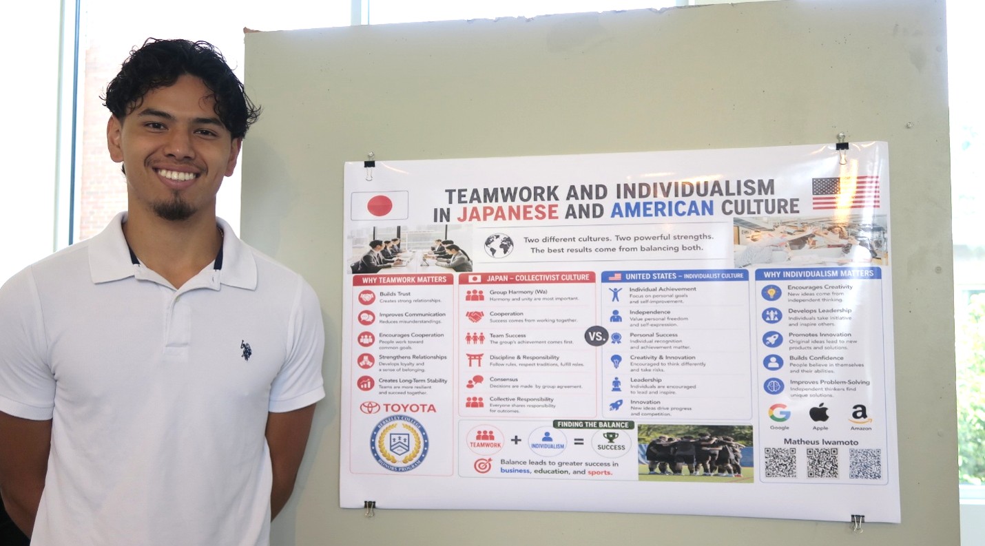 A young man in a white polo stands next to his poster titled "Teamwork and Individualism in Japanese and American Culture."