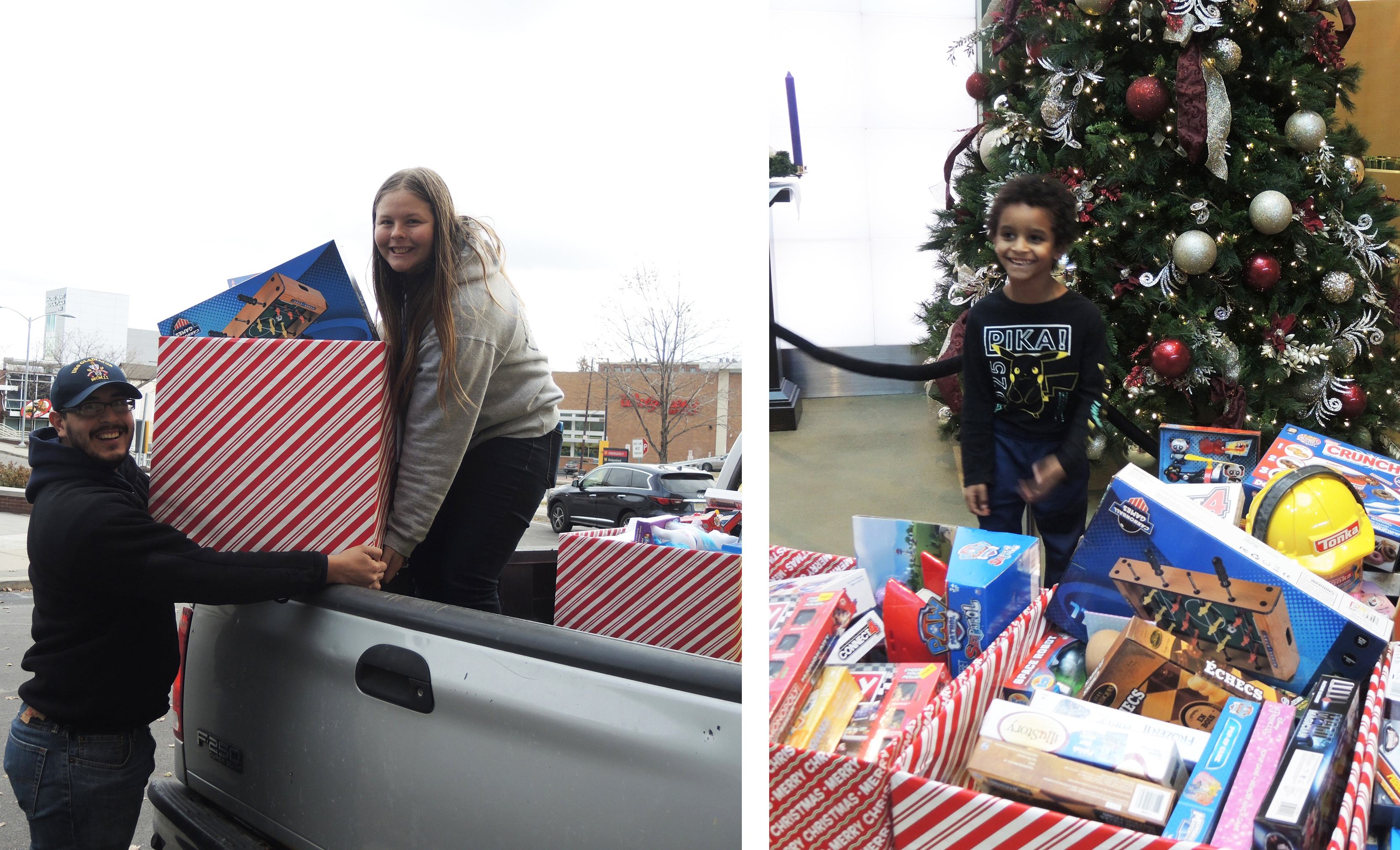 Students unload toys from a truck, and Antwann Code, 7, enjoys the toys.
