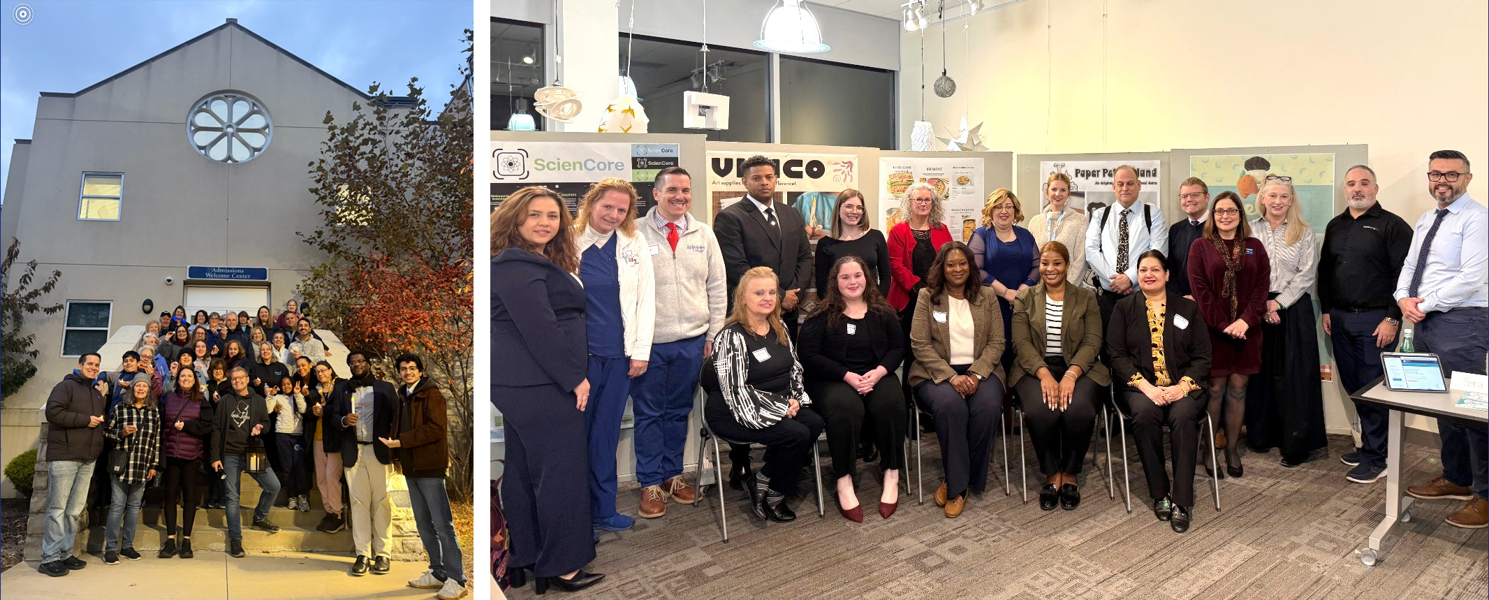 A group of professionals stand and sit in a gallery