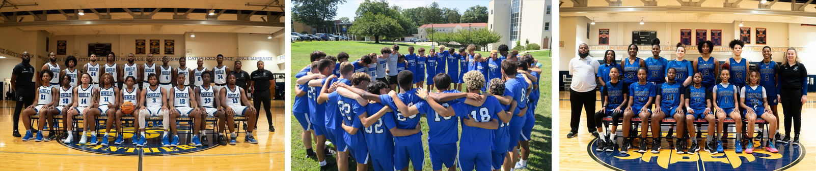 Athletes post and a woman basketball player stands on the court