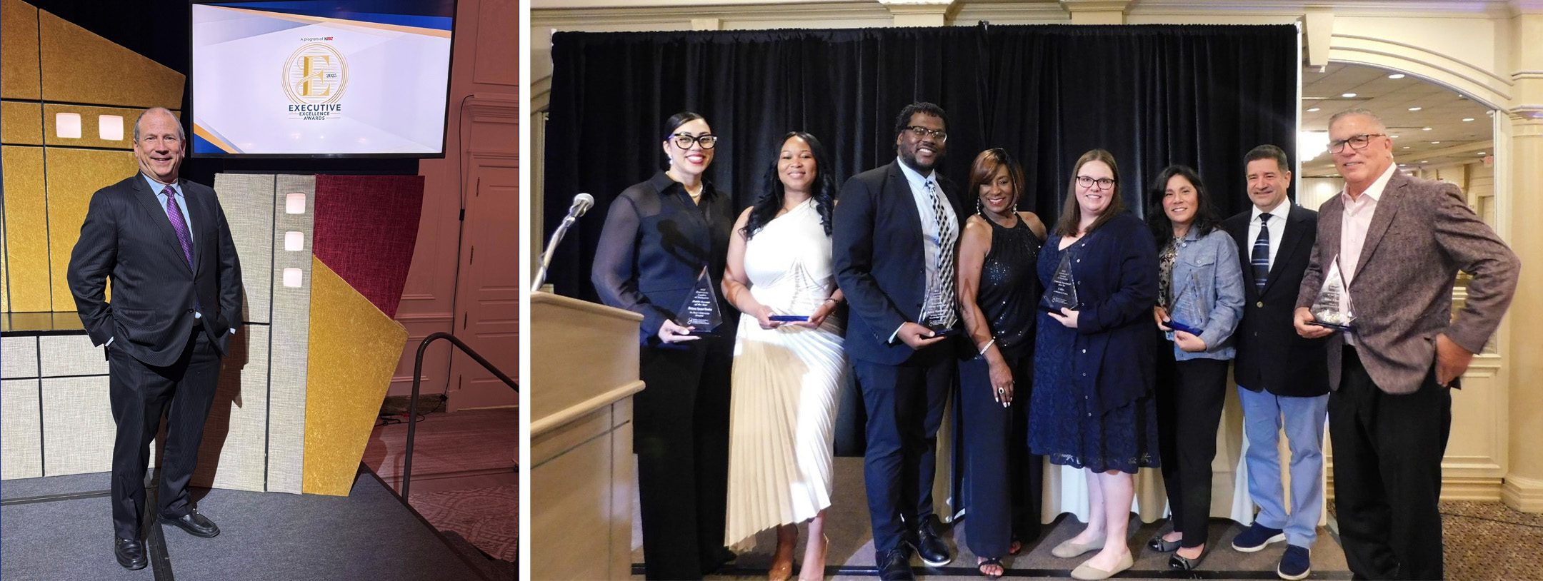 A man stands on a stage and a group of men and women smile