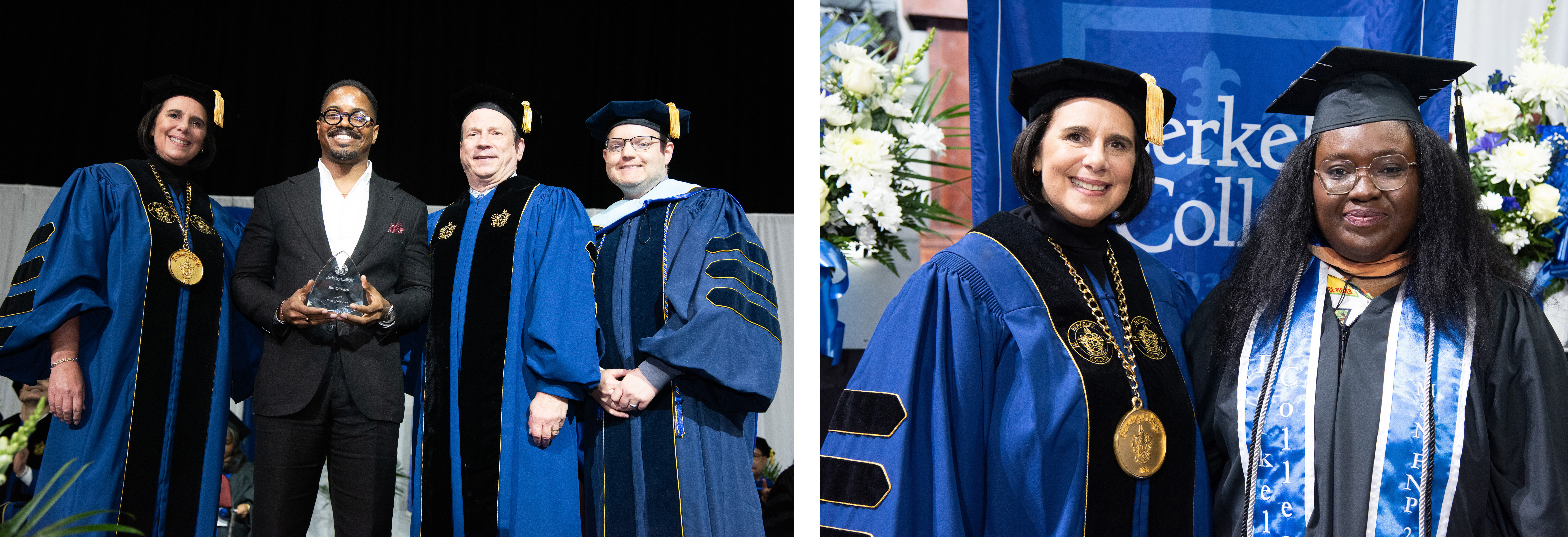 graduates and officials in caps and gowns stand on a stage