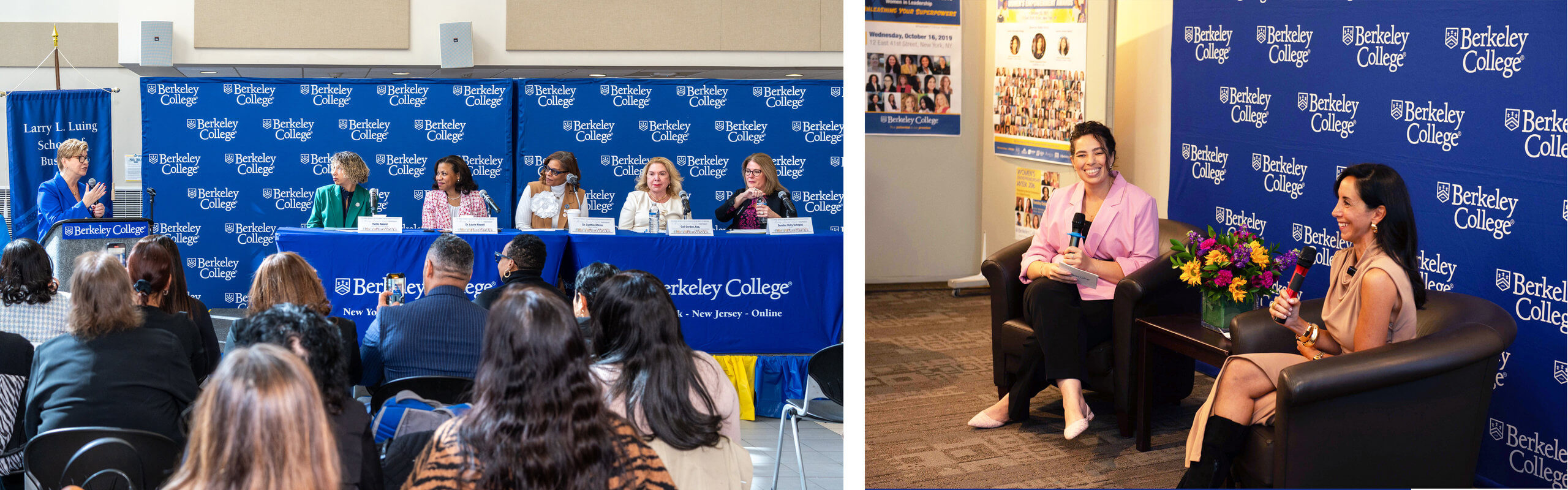 Two women sit in chairs in front of a blue backdrop