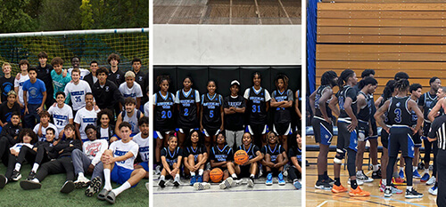 A collage featuring dynamic images of basketball, soccer players and coaches in action on the court, showcasing teamwork