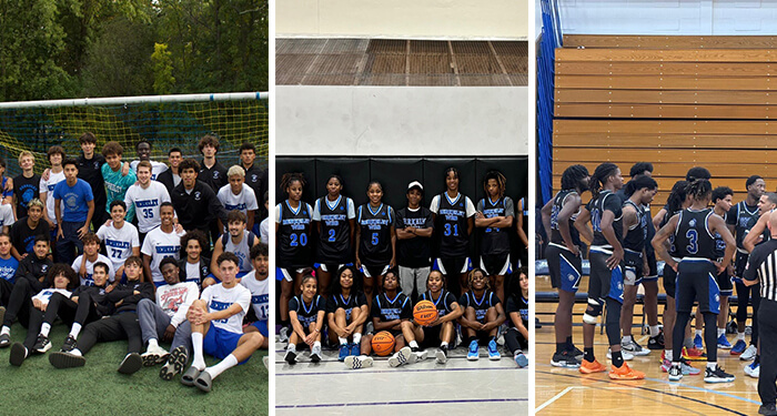 A collage featuring dynamic images of basketball, soccer players and coaches in action on the court, showcasing teamwork